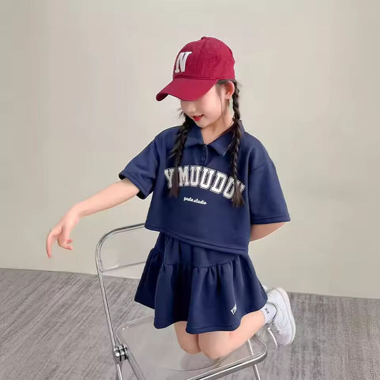 2025 summer Girls set Clothes teenager letters polo t shirt t-shirt + thin pleated mini skirt 4 5 6 7 8 10 11 12 year tracksuit