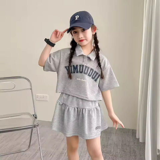 2025 summer Girls set Clothes teenager letters polo t shirt t-shirt + thin pleated mini skirt 4 5 6 7 8 10 11 12 year tracksuit
