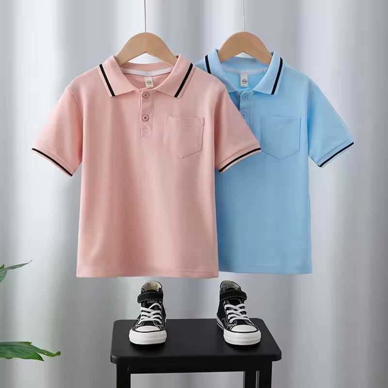 Simple - style Kids' Short - sleeve Polo Shirts, Pink and Blue, Pocket Accent, Black - trimmed