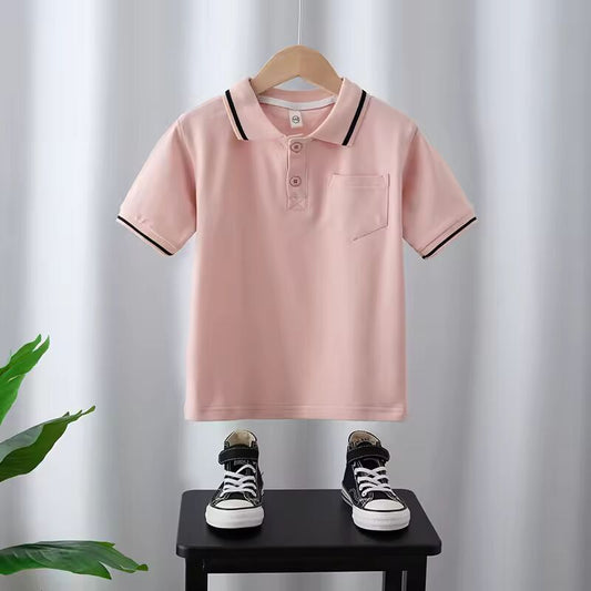 Simple - style Kids' Short - sleeve Polo Shirts, Pink and Blue, Pocket Accent, Black - trimmed