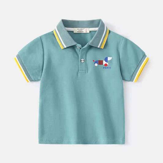 Summer Boys Short Sleeve Casual Cartoon Dog Print Breathable Cotton T-shirt Kids Contrast Color Striped Polo Shirt Top 3-8 Years