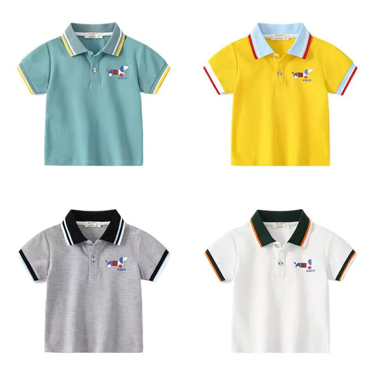 Summer Boys Short Sleeve Casual Cartoon Dog Print Breathable Cotton T-shirt Kids Contrast Color Striped Polo Shirt Top 3-8 Years